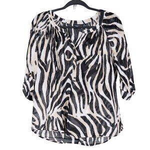 Westbound Zebra Print Shirt PL Petite L Sheer VNeck Black Cream Roll Tab Sleeve